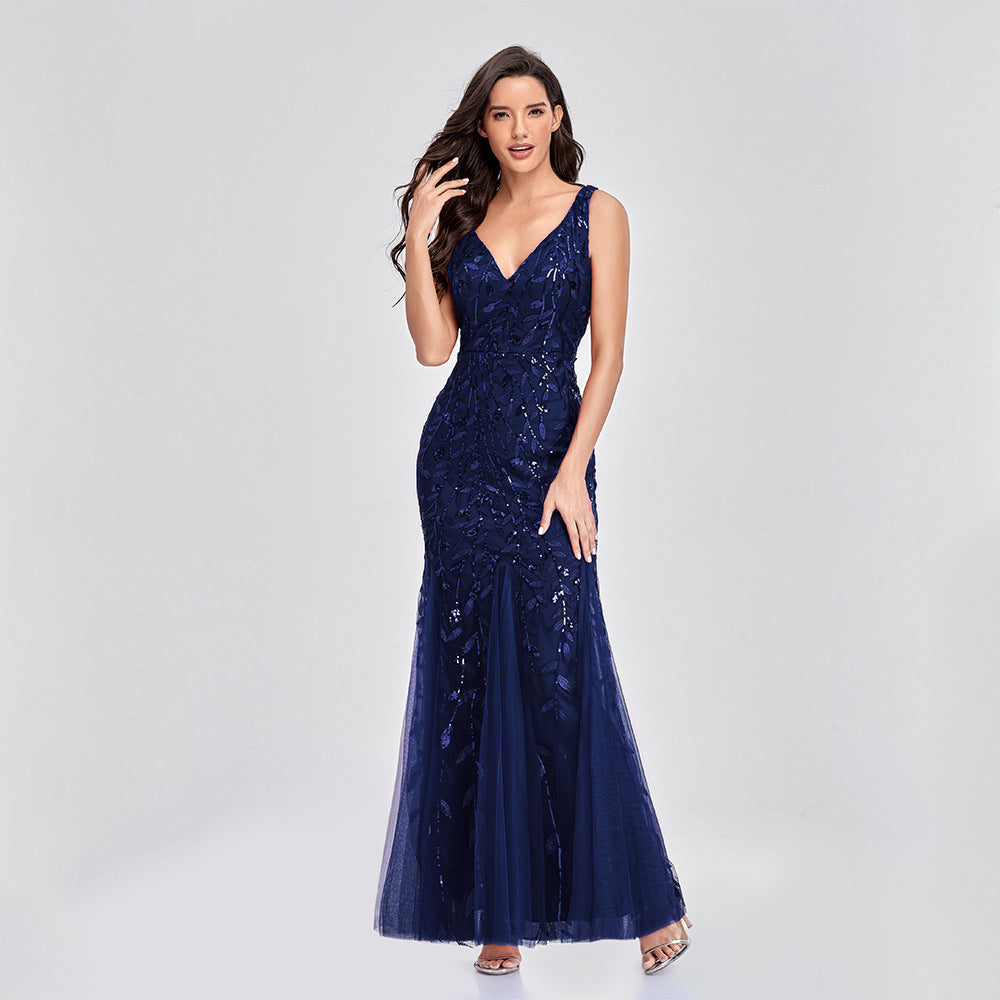 New Dress Sexy Long Skirt Sleeveless V-Neck Embroidered Sequins Slim Fishtail Bridesmaid Evening Dress Women - Glamour Gale