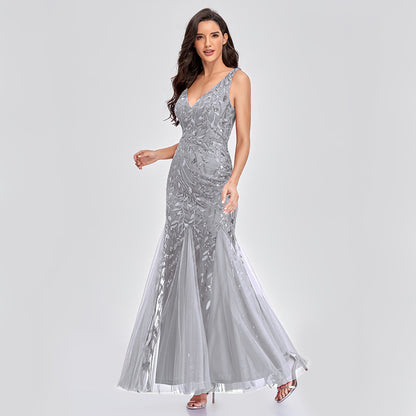 New Dress Sexy Long Skirt Sleeveless V-Neck Embroidered Sequins Slim Fishtail Bridesmaid Evening Dress Women - Glamour Gale