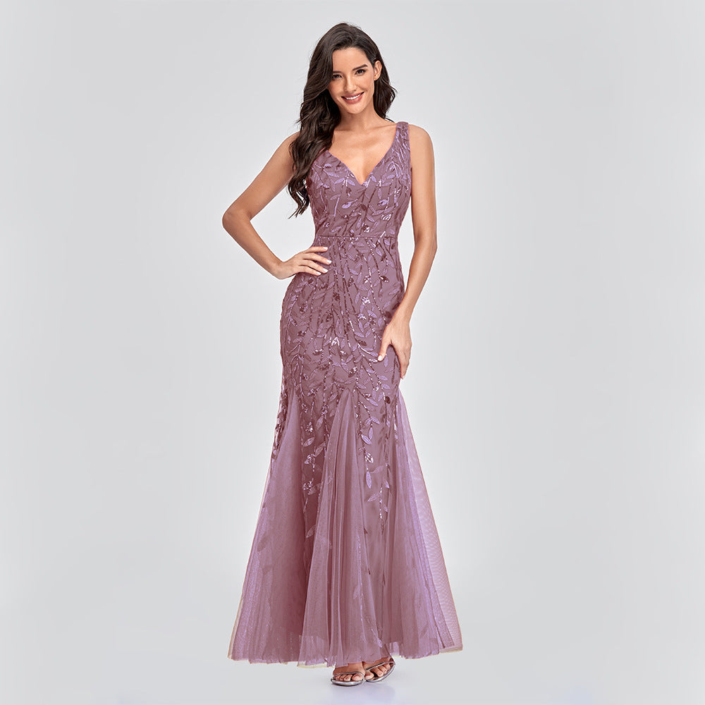 New Dress Sexy Long Skirt Sleeveless V-Neck Embroidered Sequins Slim Fishtail Bridesmaid Evening Dress Women - Glamour Gale