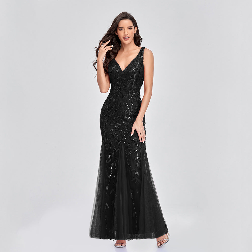 New Dress Sexy Long Skirt Sleeveless V-Neck Embroidered Sequins Slim Fishtail Bridesmaid Evening Dress Women - Glamour Gale