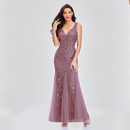 New Dress Sexy Long Skirt Sleeveless V-Neck Embroidered Sequins Slim Fishtail Bridesmaid Evening Dress Women - Glamour Gale