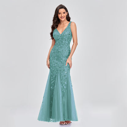 New Dress Sexy Long Skirt Sleeveless V-Neck Embroidered Sequins Slim Fishtail Bridesmaid Evening Dress Women - Glamour Gale