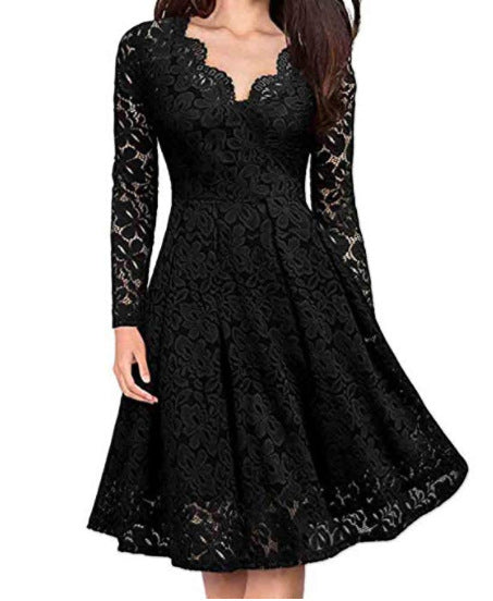 Women Dresses V-Neck Off Shoulder Lace Evening Party Dress Long Sleeve Dress Spring Autumn Vestido Invierno Mujer