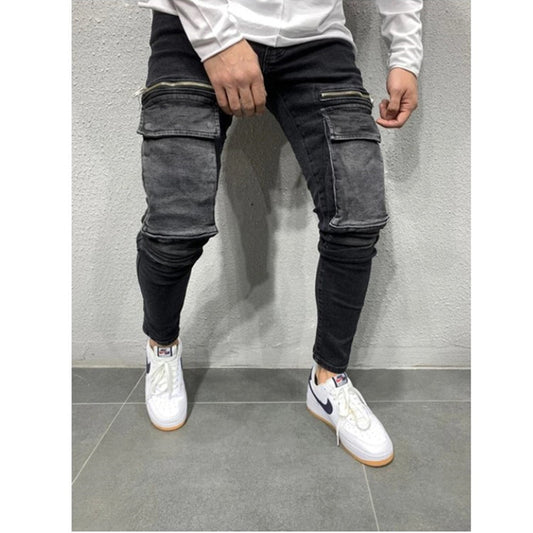 Men'S Denim Fabric Casual Sweatpants Zipper Big Pocket Hip Hop Jeans