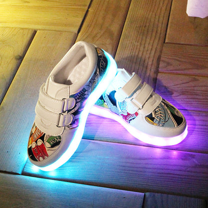 Children'S Flash Shoes Spring And Summer Colorful Glowing Shoes Girls Soft Leather Panel Shoes Usb Charging Led Light Shoes Boys Light Shoes