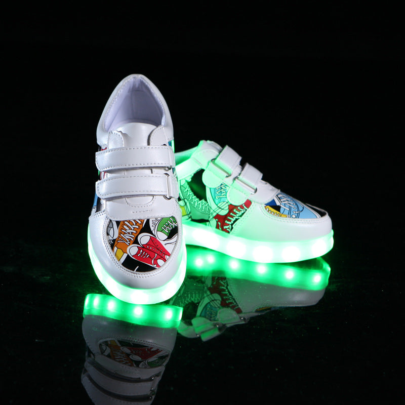 Children'S Flash Shoes Spring And Summer Colorful Glowing Shoes Girls Soft Leather Panel Shoes Usb Charging Led Light Shoes Boys Light Shoes