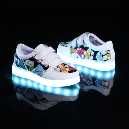 Children'S Flash Shoes Spring And Summer Colorful Glowing Shoes Girls Soft Leather Panel Shoes Usb Charging Led Light Shoes Boys Light Shoes