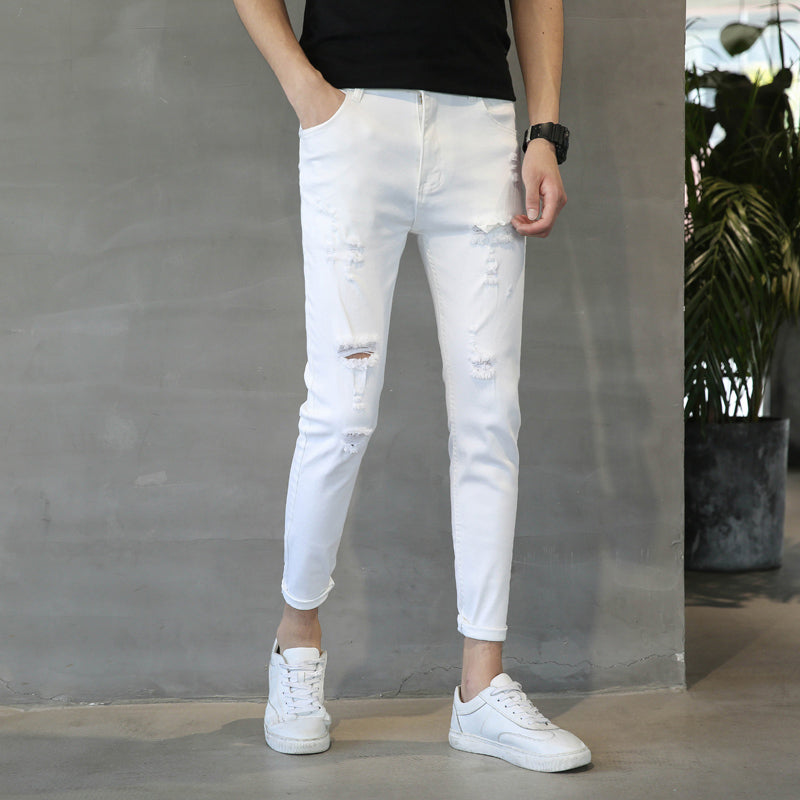 Spring And Summer Thin White Jeans Men Men'S Holes Casual Stretch Slim Fit Pants Men - Glamour Gale