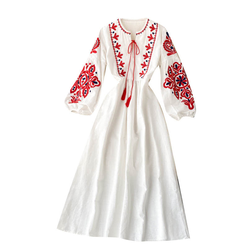 Bohemian Ethnic Embroidery Flowers Round Neck Lantern Sleeves Folds Loose And Thin Wild Long Skirt Dress Women