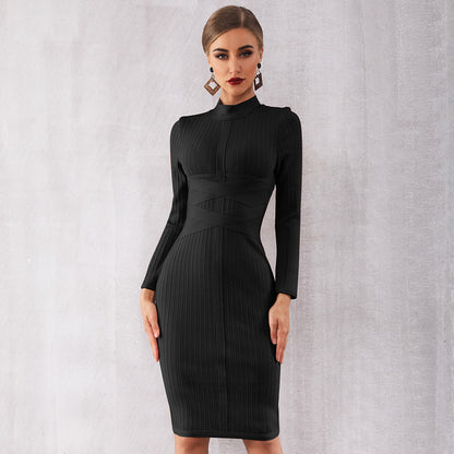 New European And American Fashion Bandage Dress, Long-Sleeved Waist Bag Hip Evening Dress For Women - Glamour Gale