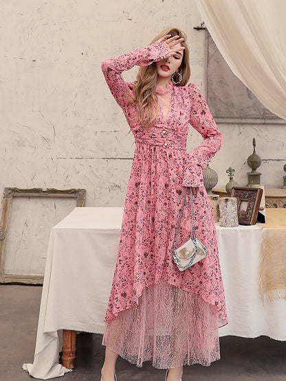 Chiffon Long Sleeve Waist Lace Long Dress