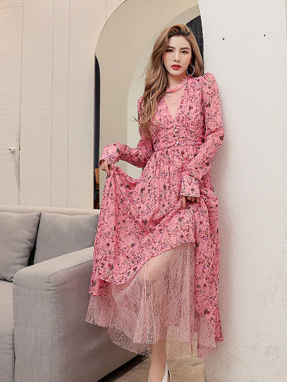 Chiffon Long Sleeve Waist Lace Long Dress