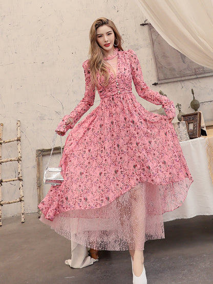 Chiffon Long Sleeve Waist Lace Long Dress