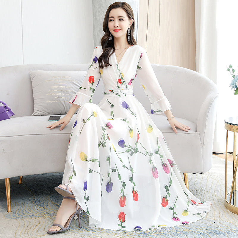 Women Short Sleeve Maxi Dress Fashion Bodycon V-neck White Print Runway Retro Chiffon Long Party Dresses Vestidos