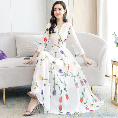 Women Short Sleeve Maxi Dress Fashion Bodycon V-neck White Print Runway Retro Chiffon Long Party Dresses Vestidos