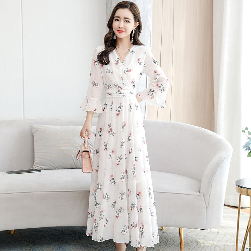 Women Short Sleeve Maxi Dress Fashion Bodycon V-neck White Print Runway Retro Chiffon Long Party Dresses Vestidos