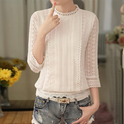 White Stand-up Collar Chiffon Lace Shirt Long Sleeves