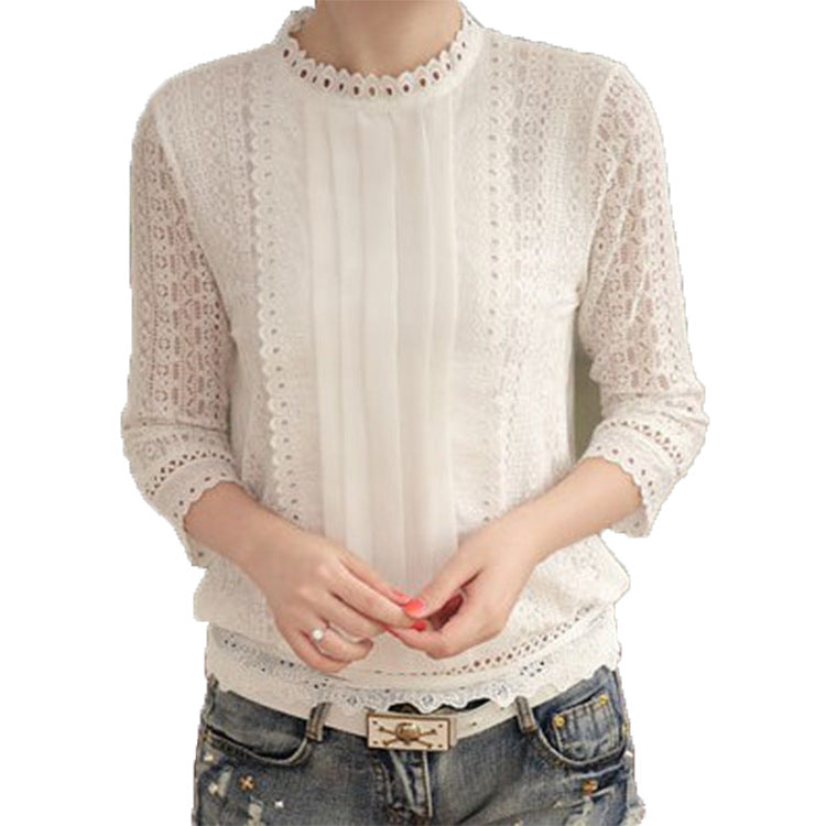 White Stand-up Collar Chiffon Lace Shirt Long Sleeves