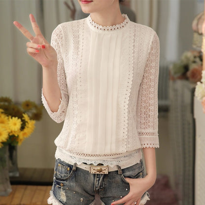 White Stand-up Collar Chiffon Lace Shirt Long Sleeves