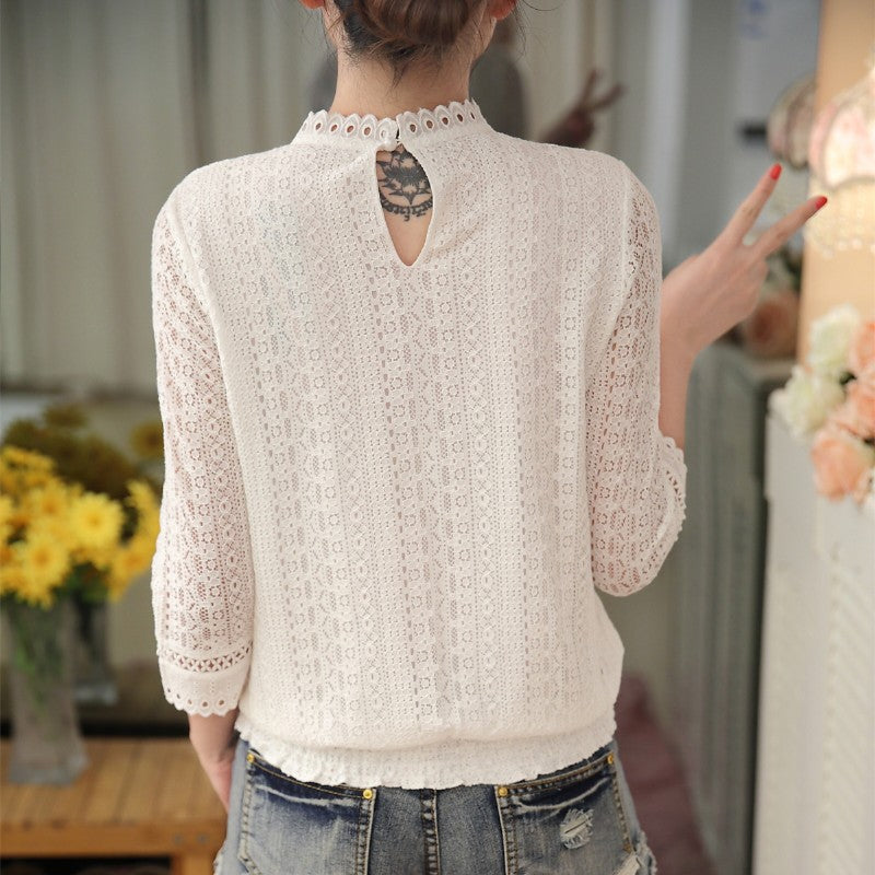 White Stand-up Collar Chiffon Lace Shirt Long Sleeves