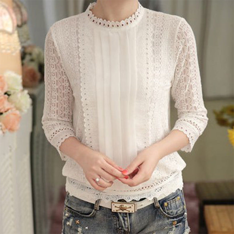 White Stand-up Collar Chiffon Lace Shirt Long Sleeves