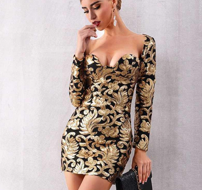 Party Dress Long Sleeve Sequined Deep V Gold Mini Club Dress