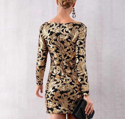 Party Dress Long Sleeve Sequined Deep V Gold Mini Club Dress