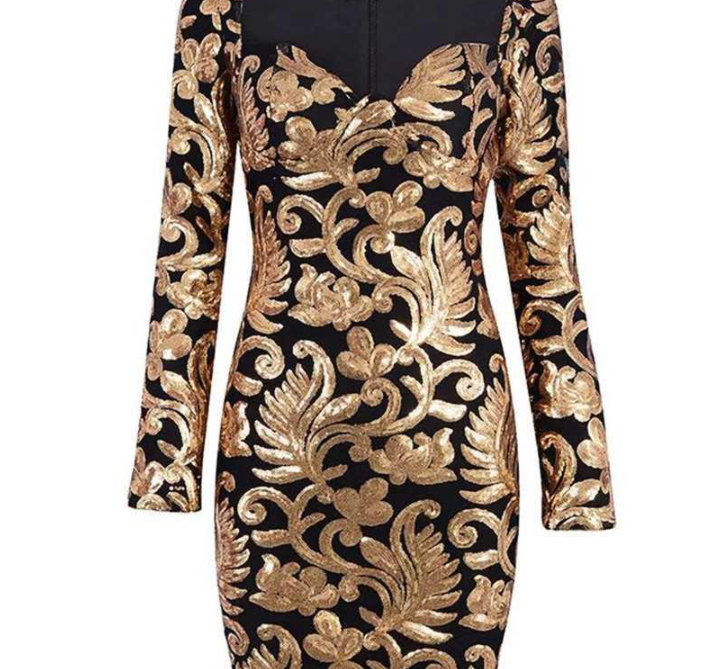 Party Dress Long Sleeve Sequined Deep V Gold Mini Club Dress