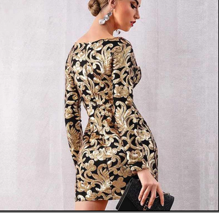 Party Dress Long Sleeve Sequined Deep V Gold Mini Club Dress