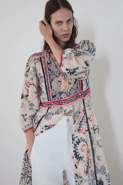 Printed long shirt dress