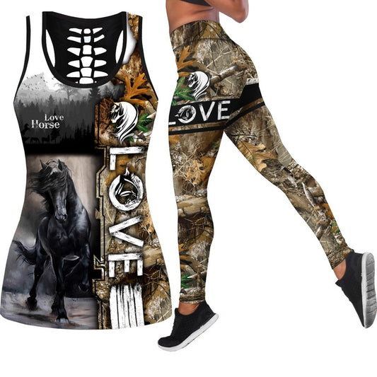 Printed Ladies Hollow Vest Leggings Casual Sports Suit