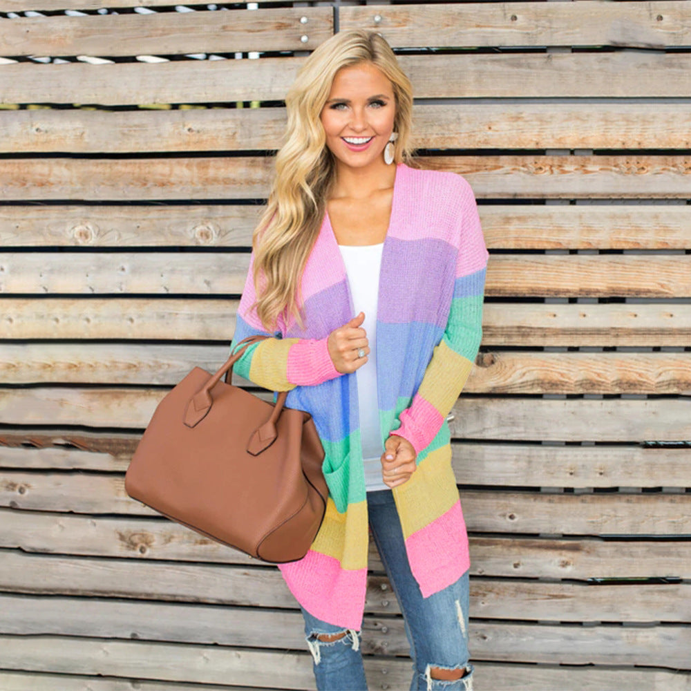 Colorful rainbow stitching cardigan