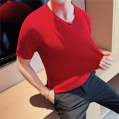 Slim-fit High Elastic Pleated Striped Short-sleeved Top For Men