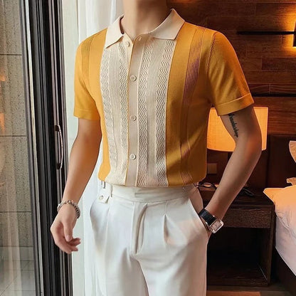 Summer Men's Knitted Lapel Short Sleeve T-shirt Blouse Fashion British Style