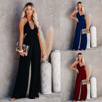 Summer Street Hipster Women's Solid Color U-neck Strap Backless Jumpsuit Wide-leg Casual Pants