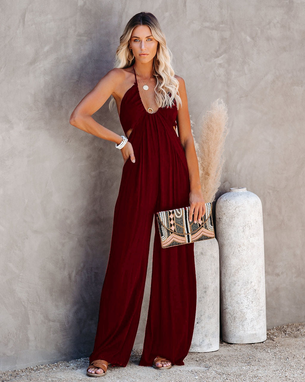 Summer Street Hipster Women's Solid Color U-neck Strap Backless Jumpsuit Wide-leg Casual Pants