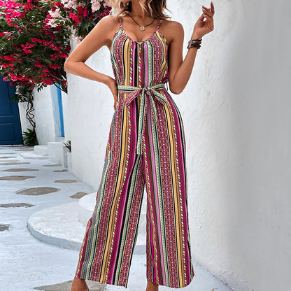 Sexy Women Clothing Loose Casual Striped Spaghetti Strap Cropped Jumpsuit