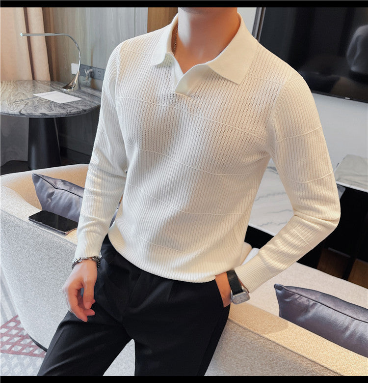 Men's Korean-style Knitted Sweater White Boy's Undershirt Texture Slim Lapel Sweater