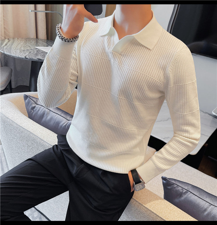 Men's Korean-style Knitted Sweater White Boy's Undershirt Texture Slim Lapel Sweater