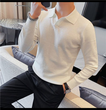 Men's Korean-style Knitted Sweater White Boy's Undershirt Texture Slim Lapel Sweater