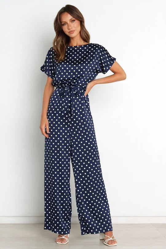 Women's Round Neck Short Sleeve Polka Dot Printed Lace Up Waist-tight Jumpsuit