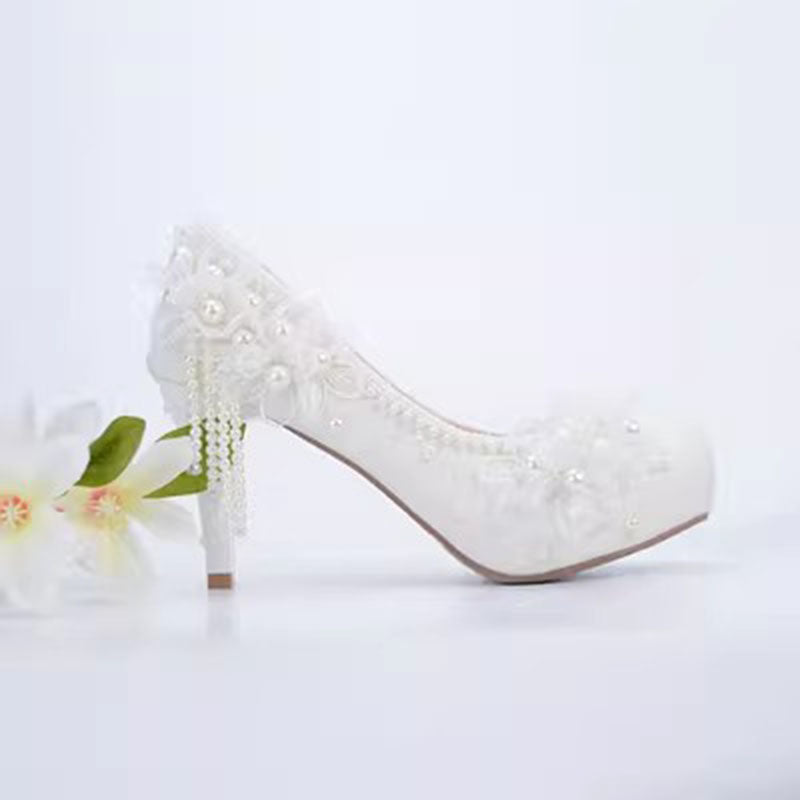 White Lace Flower High Heels Tassel Bridal Wedding Bridesmaid Shoes