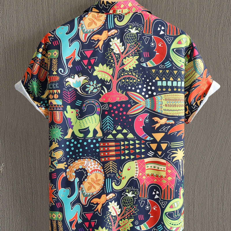 Men's Polyester Shirt Ethnic Retro Dinosaur Coconut Tree