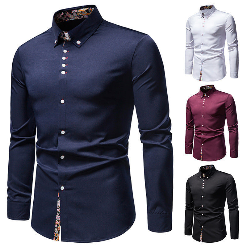 Men's Long-sleeved Shirt Lapel Slim-fit Assorted Colors Polyester Shirt