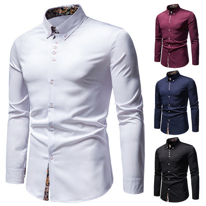 Men's Long-sleeved Shirt Lapel Slim-fit Assorted Colors Polyester Shirt