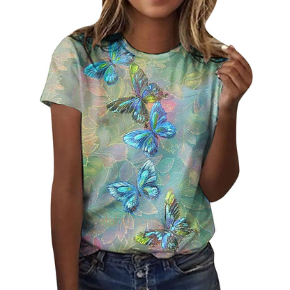 Round Neck Butterfly Digital Printing Leisure Pullover Short Sleeve