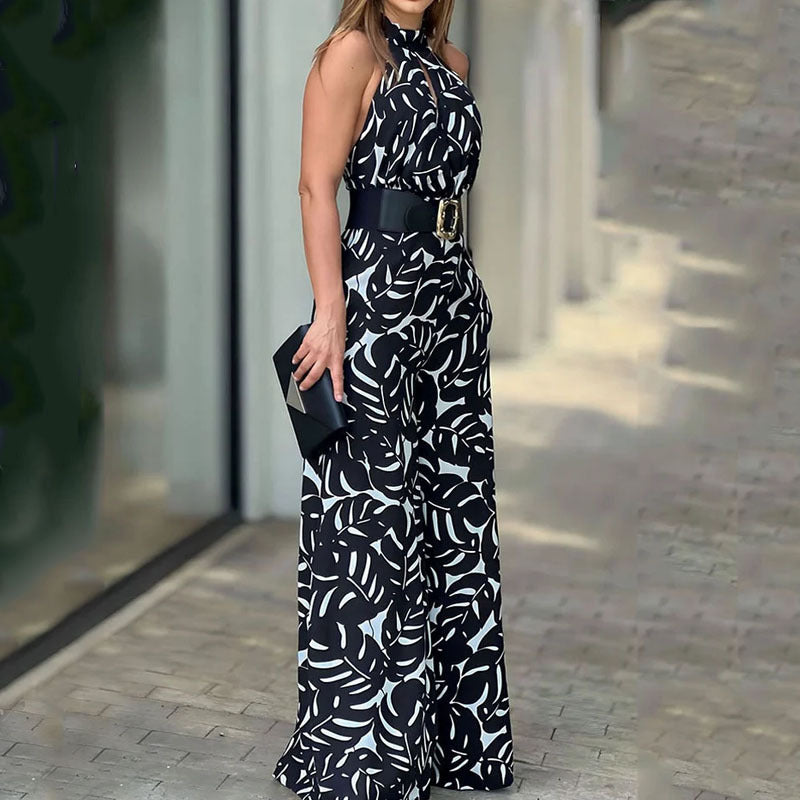 Summer Graceful And Fashionable Half Turtleneck Sleeveless Printed Hollow-out Cinched Wide Leg Jumpsuit