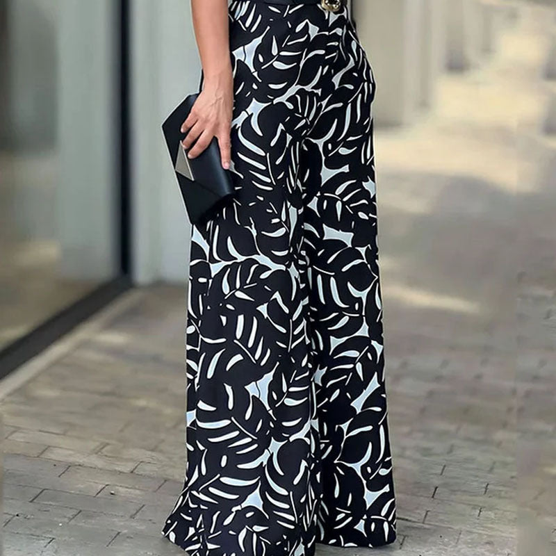 Summer Graceful And Fashionable Half Turtleneck Sleeveless Printed Hollow-out Cinched Wide Leg Jumpsuit