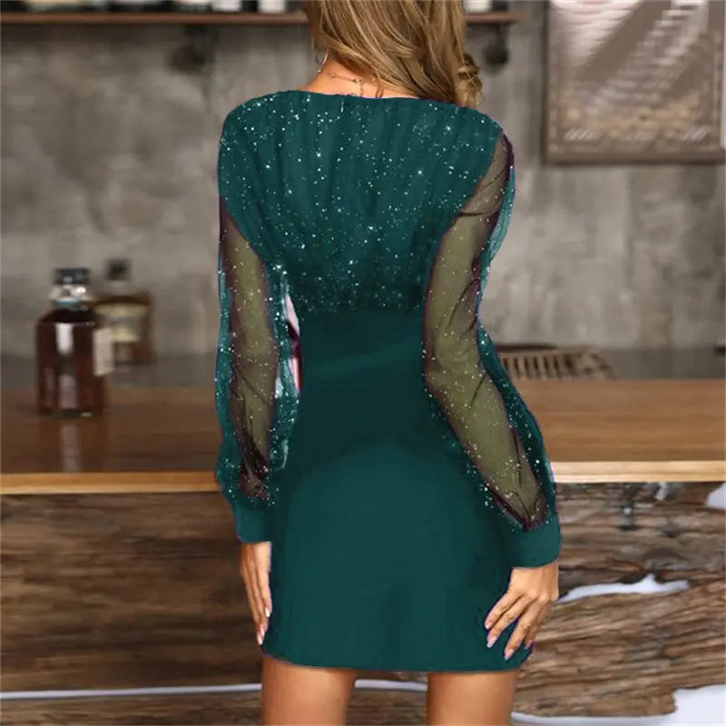 Mesh V-neck Sequined Long Sleeve Dress Dress Women Glamour Gale