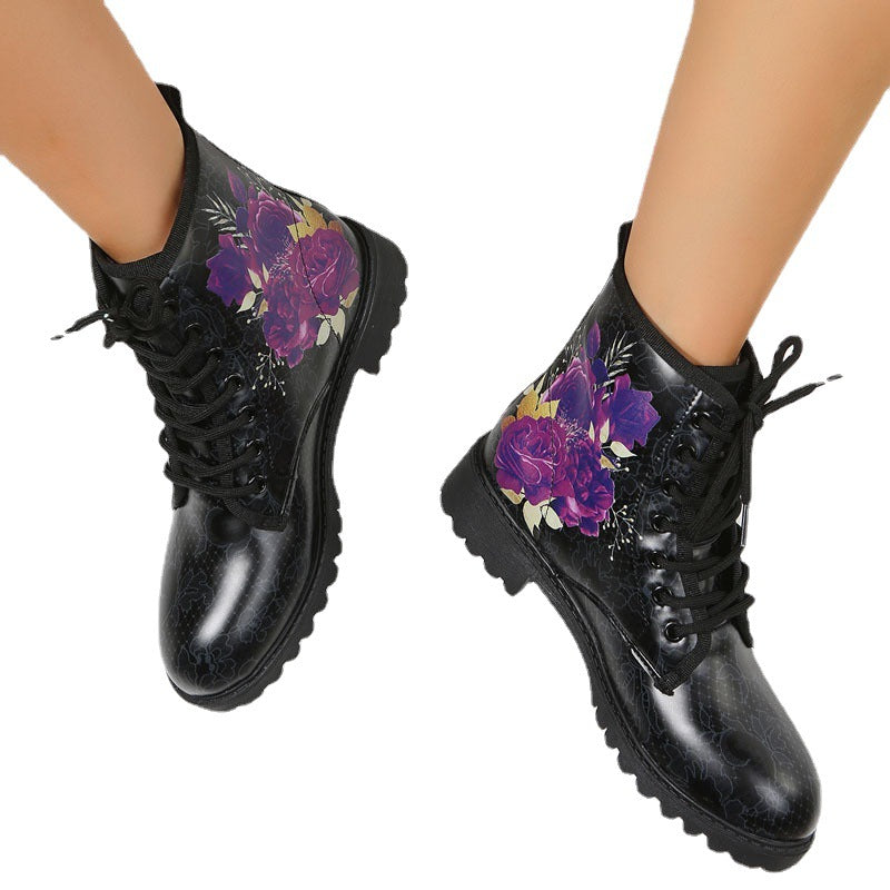 Autumn Casual Lace Up Ankle Boots Round Head Chunky Heel Boots